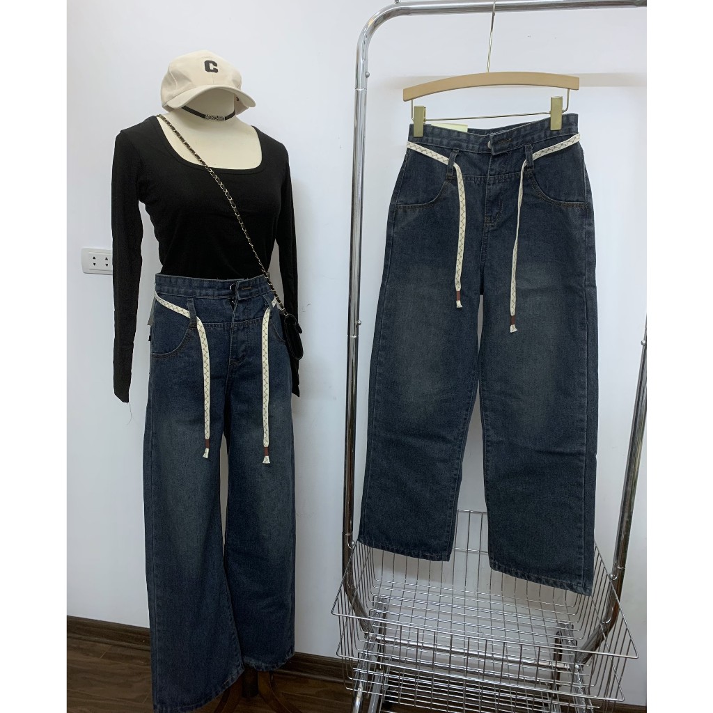 Shynstores Quần jeans nữ ống rộng - quần bò suông simple phối dây cạp cao