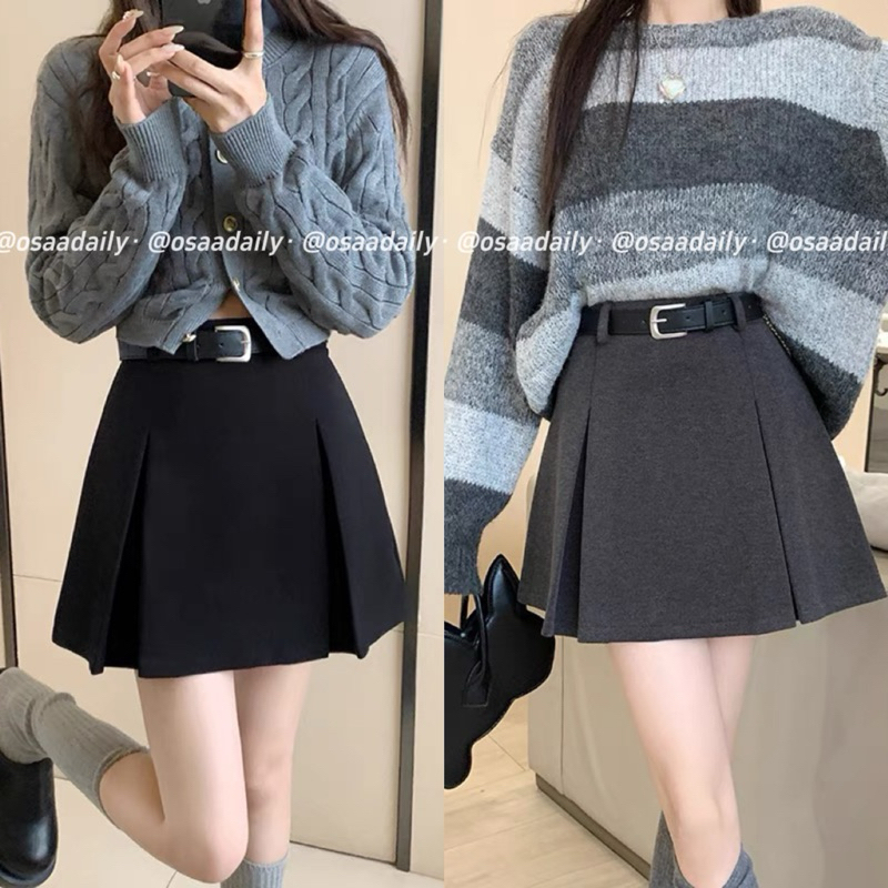 Chân váy dạ dáng ngắn xếp ly to tặng kèm belt, chân váy dạ dày dặn 2 lớp - OSAA DAILY