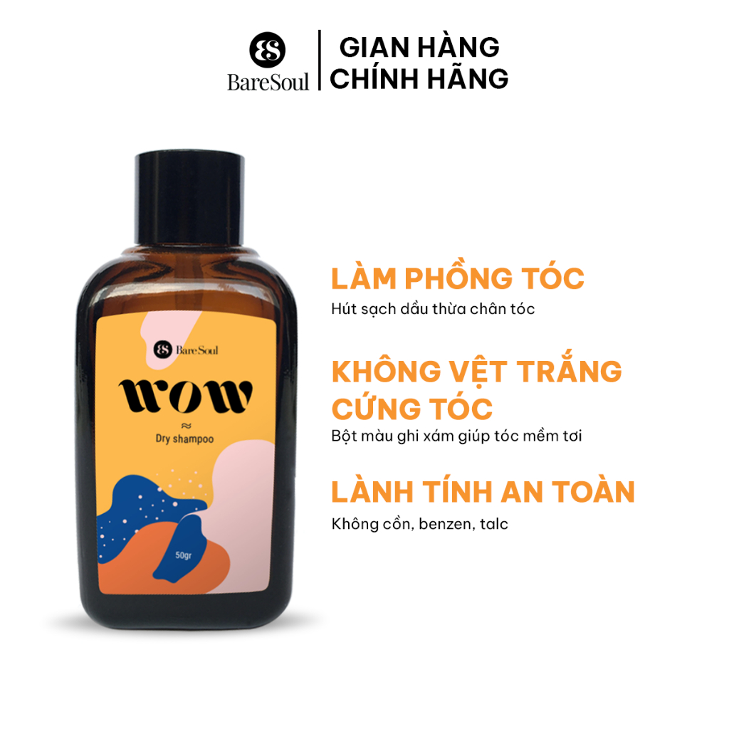 Dầu gội khô dạng bột thiên nhiên giảm dầu thừa, giảm bết và làm phồng tóc BareSoul WOW Dry Shampoo 50g