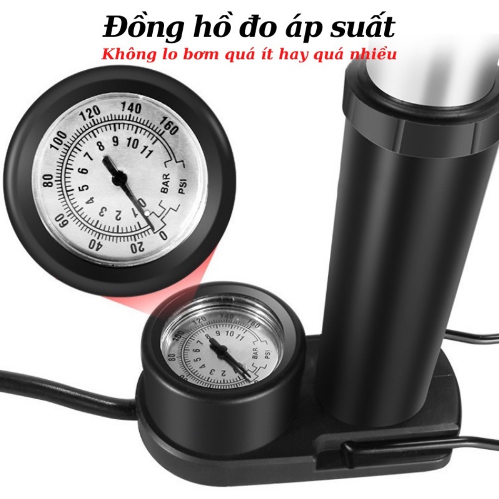 Bơm đạp chân HIGH WAY, bơm xe mini đa năng đút cốp xe, cố đồng hồ đo áp suất, bơm chuyên dụng xe máy, xe đạp, bóng bay