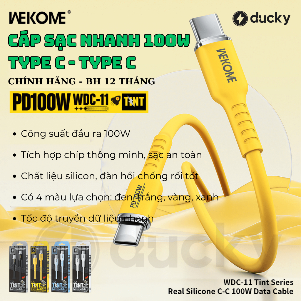 Cáp Sạc Type C to Type C 100W Wekome WDC11 1,2m cho Macbook, Laptop, điện thoại Samsung, Oppo, Xiaomi Bảo Hành 12 Thán