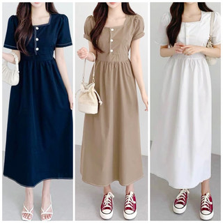 Đầm nữ viền chỉ cổ vuông nút trước 3 màu xuongvnxk vnxk (kèm hình thật)