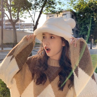 Mũ bucket lông mềm hình tai gấu tròn siêu ấm siêu cute