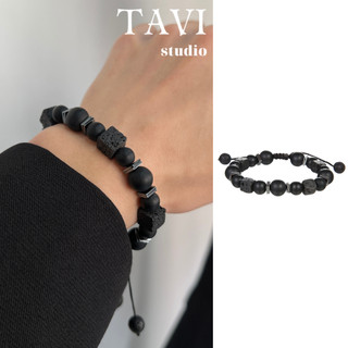 Vòng Tay Chuỗi Hạt Đá Hình Vuông 10mm Màu Đen Phong Cách retro hip-hop trang sức xu hướng cho nam và nữ - Lắc Tay Lava