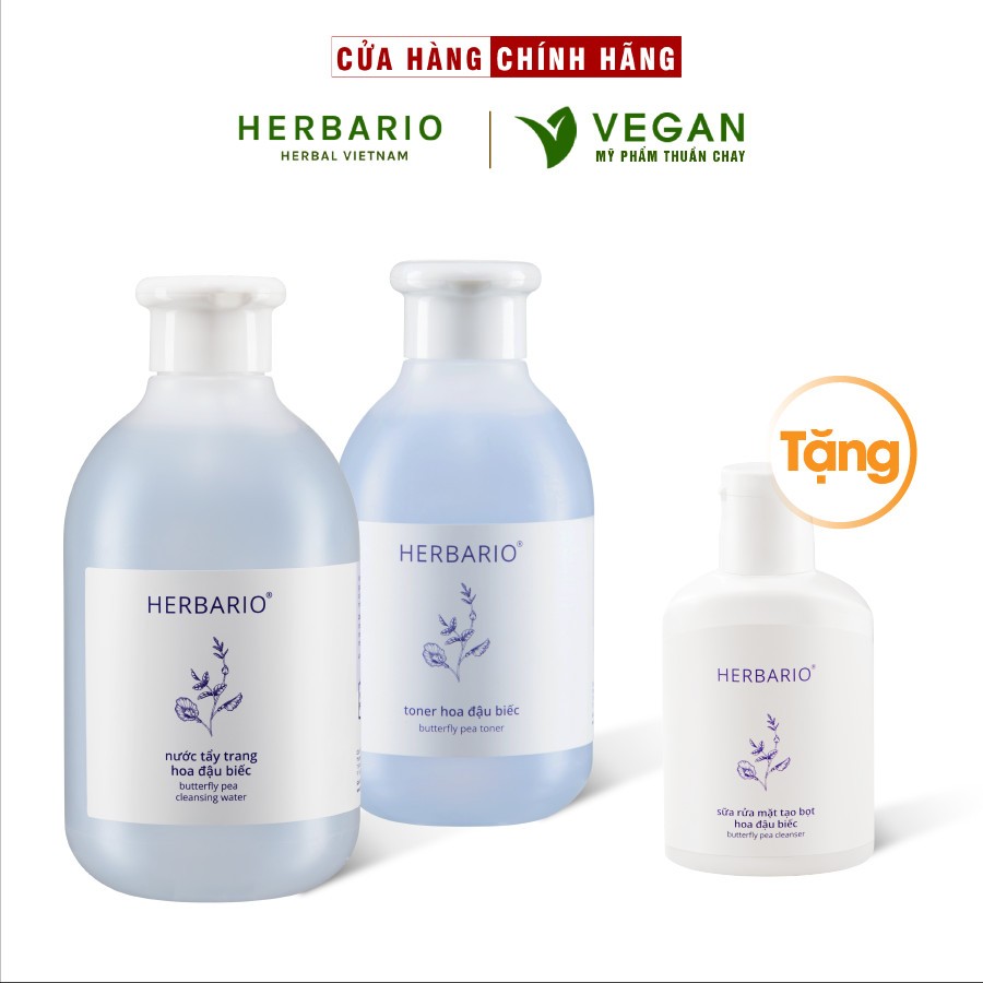 Bộ 3 Hoa Đậu Biếc Herbario chống lão hóa da: Nước tẩy trang 300ml + Toner 200ml + Sữa rửa mặt tạo bọt 100ml