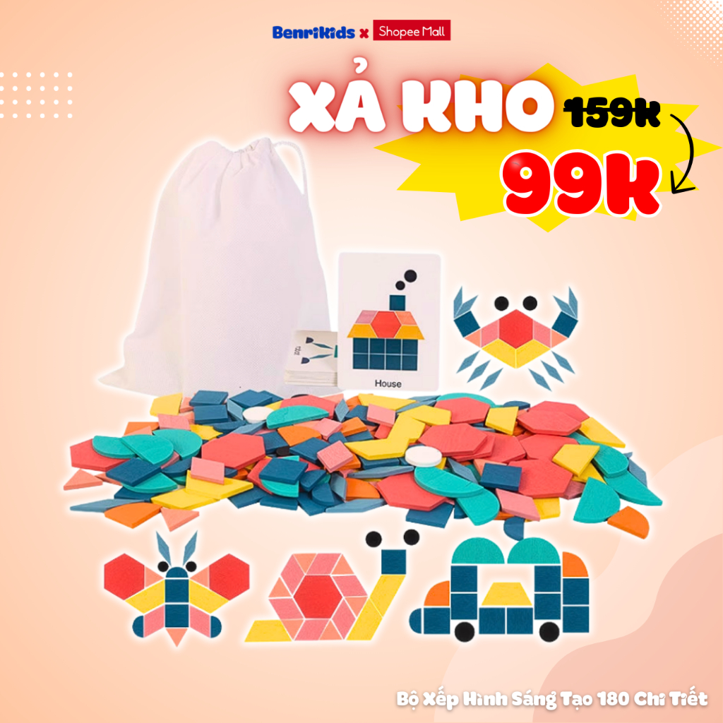 Đồ Chơi Sáng Tạo Hộp Xếp Hình 180 Chi Tiết Benrikids Bằng Gỗ Kèm Thẻ Flash Card Nhiều Hình Mẫu Cho Bé Phát Triển Tư Duy