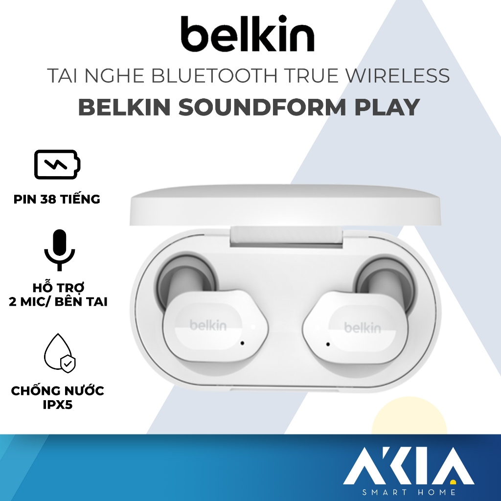 Tai nghe không dây Belkin Soundform Play, kết nối bluetooth, chống nước IPX5, pin 38 tiếng, hỗ trợ 2 mic, chính hãng
