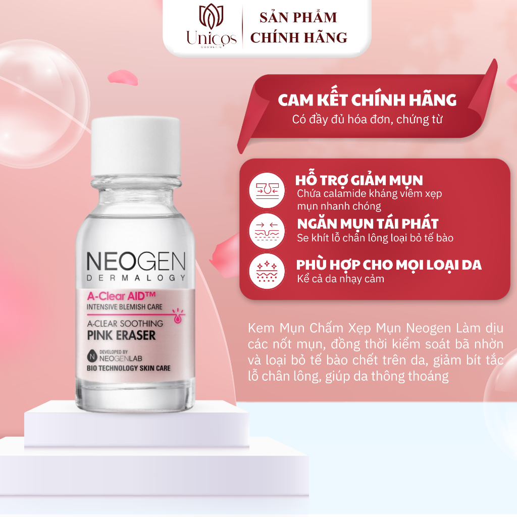 Kem Mụn Chấm Xẹp Mụn Neogen Sau 4h - Neogen Ngừa Mụn Dermalogy A - Clear Aid Soothing Pink Eraser - Gel Giảm Mụn 15ml