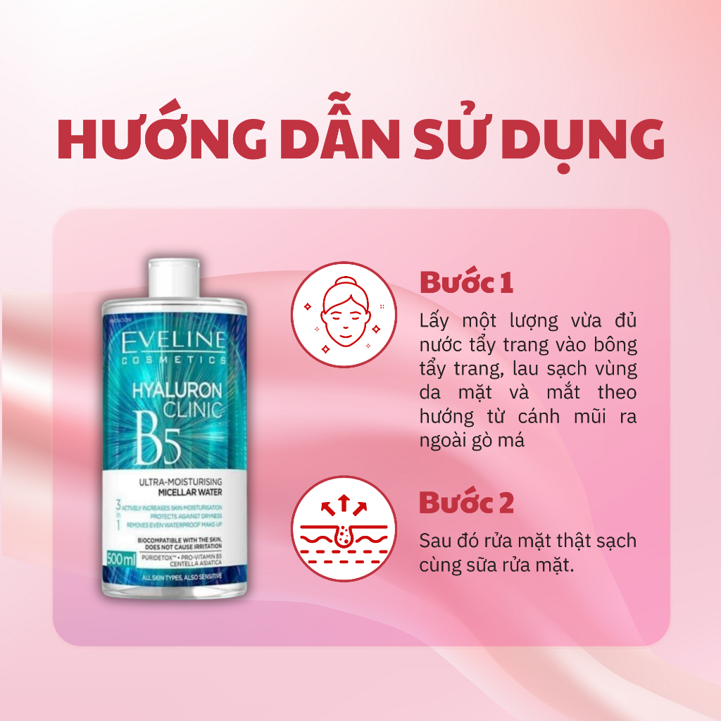 Eveline B5 Hyaluron Clinic B5 Tẩy Trang Dịu Nhẹ - Nước Tẩy Trang Loại Bỏ Bụi Bẩn Bã Nhờn - Tẩy Trang Eveline Lành Tính