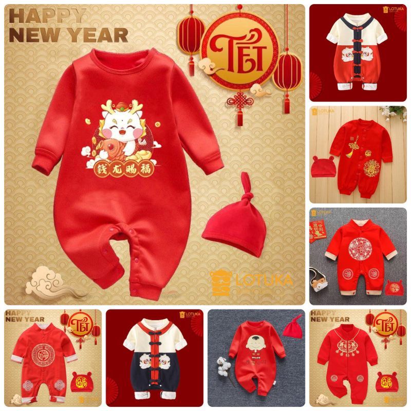 Body Tết Tài Lộc LOTUKA Kèm Mũ Chất Cotton Mềm Mịn, Bộ Liền Thân Dài Tay Cho bé 0-12m