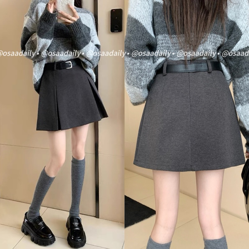 Chân váy dạ dáng ngắn xếp ly to tặng kèm belt, chân váy dạ dày dặn 2 lớp - OSAA DAILY