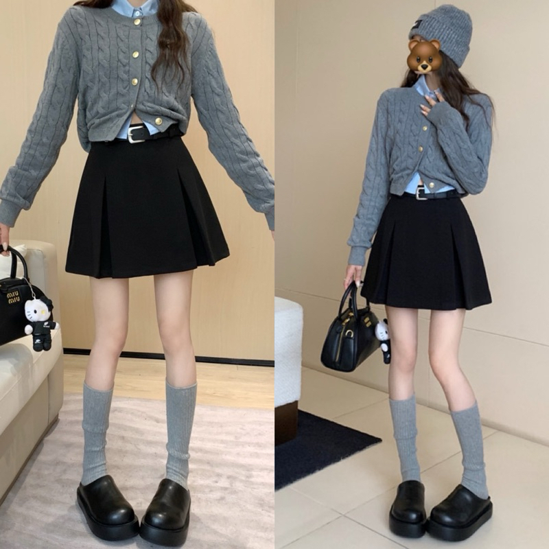 Chân váy dạ dáng ngắn xếp ly to tặng kèm belt, chân váy dạ dày dặn 2 lớp - OSAA DAILY