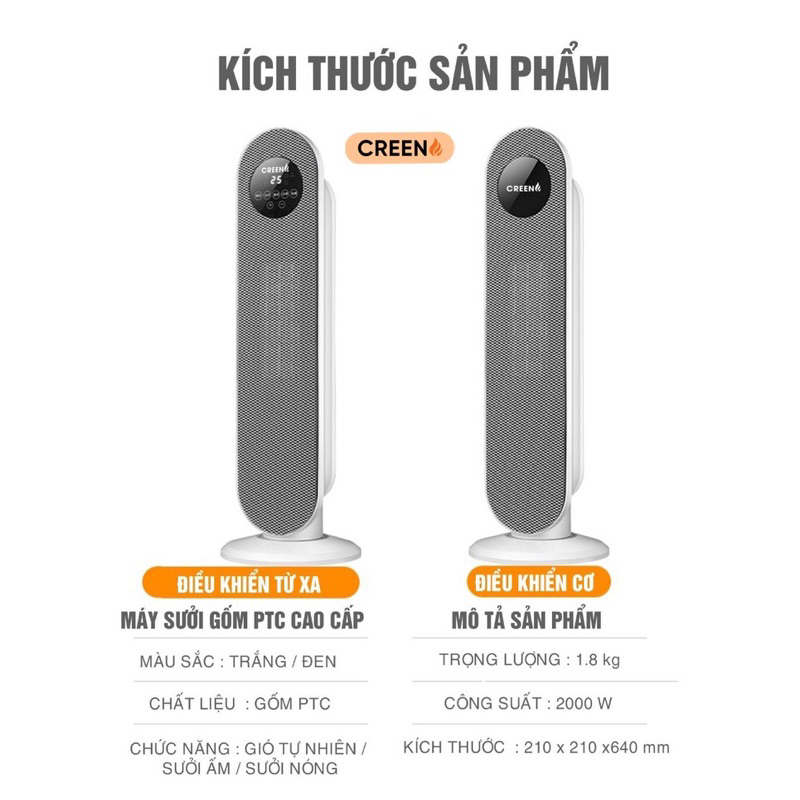 Máy sưởi gốm cao cấp Creen, công nghệ PTC Bảo hành 12 tháng chính hãng