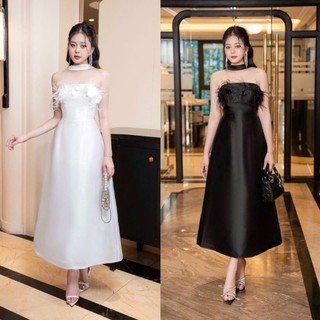 Đầm xòe đính lông vũ choàng cổ - YB231112