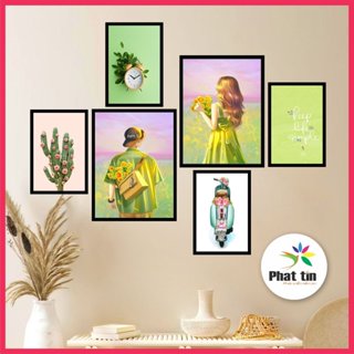 Bộ 6 bức tranh treo tường trang trí nhà cửa, decor phòng khách, tranh dán tường In Phát Tín, canvas, có sẵn keo dán.