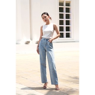 Quần Jeans Nữ Ống Suông Rộng HASHTAGEM Loose Jeans Light Blue LSJ.5, Lưng Cao, Màu Xanh Nhạt, Chất Cotton Cao Cấp