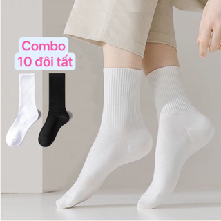 Sét 10 đôi Tất vớ trắng đen nam nữ cổ cao cổ trung cổ ngắn chất liệu cotton dệt kim