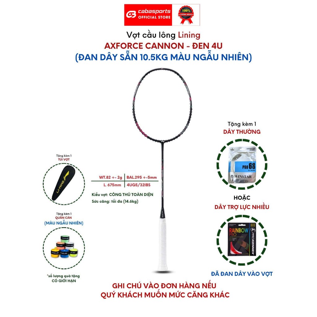 Vợt cầu lông Lining Axforce Cannon, Lining Halbertec 2000, Lining Turbo Charging 20D đã đan dây 10.5kg chính hãng