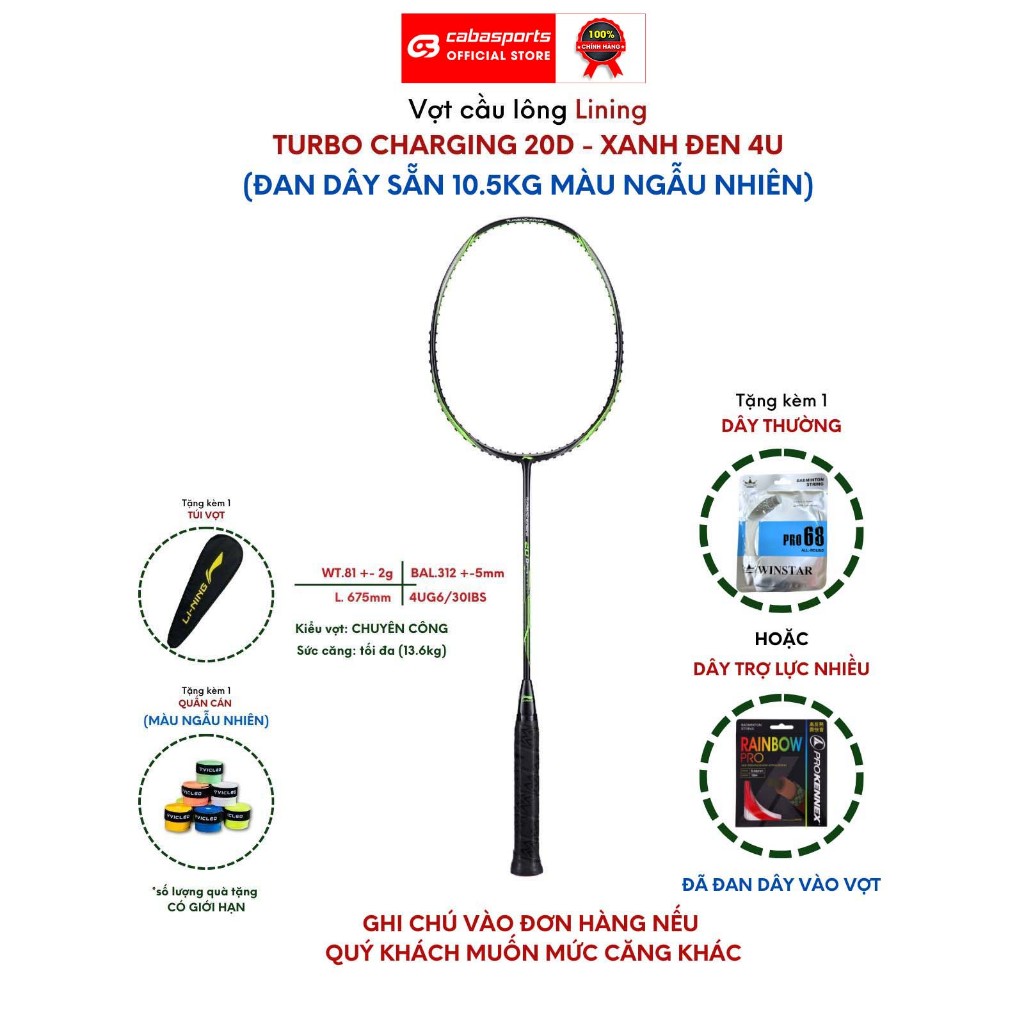 Vợt cầu lông Lining Axforce Cannon, Lining Halbertec 2000, Lining Turbo Charging 20D đã đan dây 10.5kg chính hãng