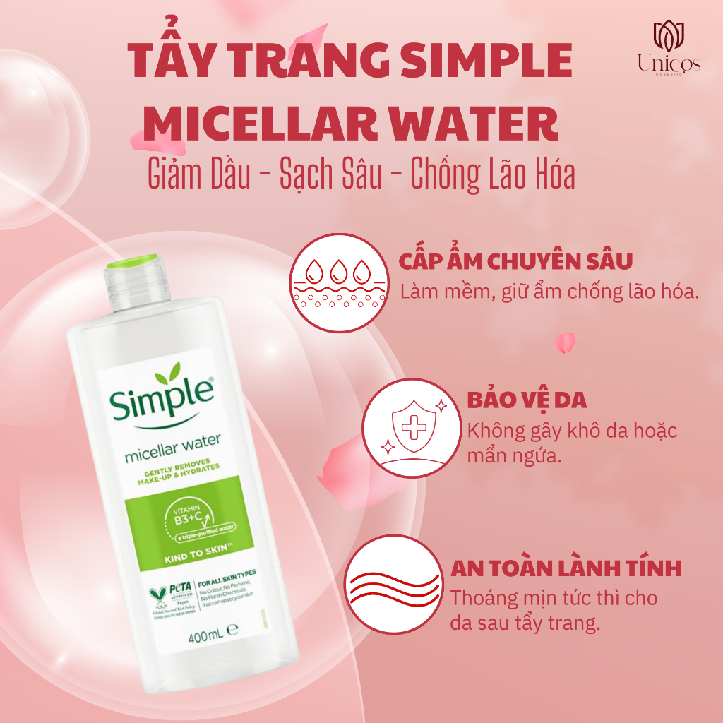 Nước Tẩy trang Simple Micellar Cleansing Water - Tẩy Trang Da Dầu Và Da Nhạy Cảm - Nước Tẩy Trang Simple Sạch Sâu 200ml
