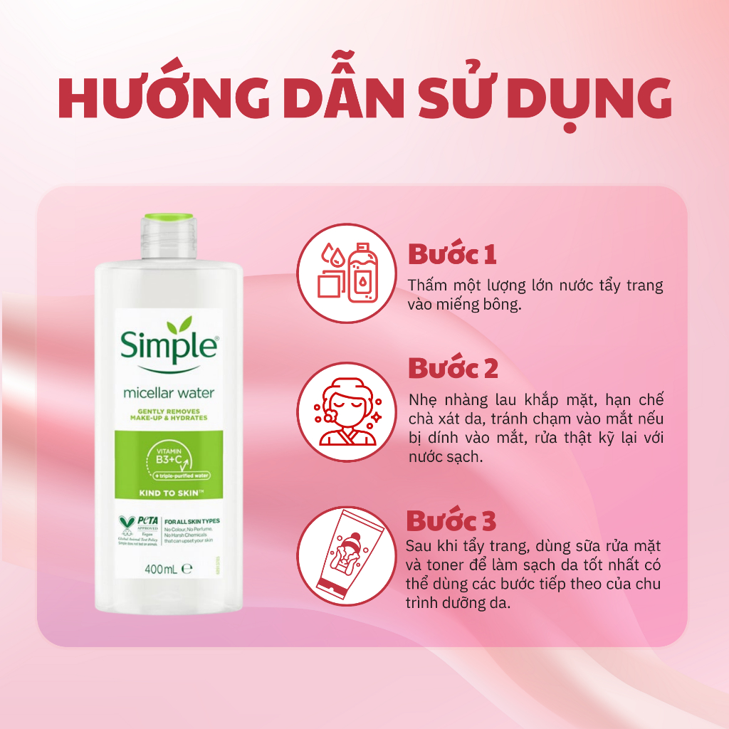 Nước Tẩy trang Simple Micellar Cleansing Water - Tẩy Trang Da Dầu Và Da Nhạy Cảm - Nước Tẩy Trang Simple Sạch Sâu 200ml