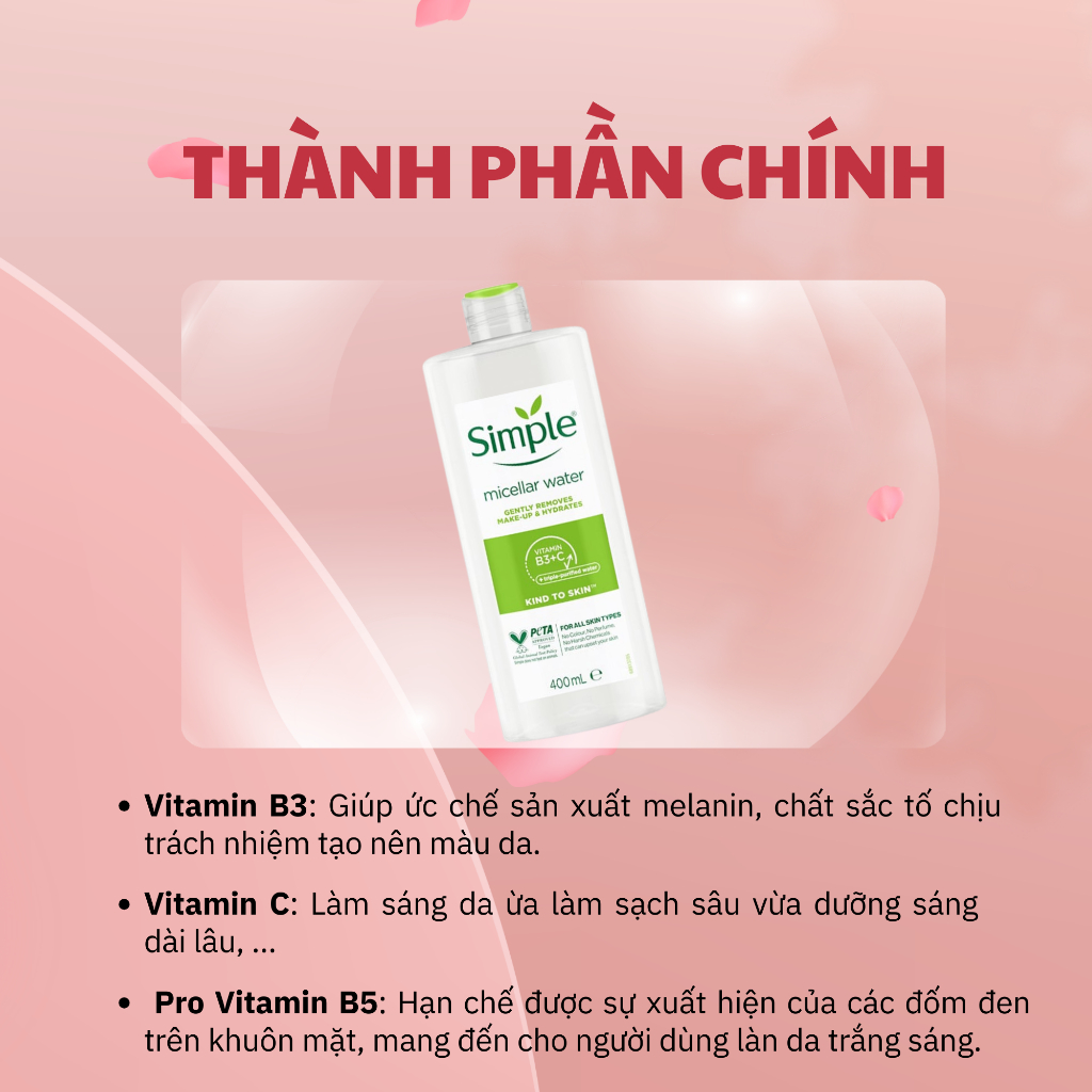 Nước Tẩy trang Simple Micellar Cleansing Water - Tẩy Trang Da Dầu Và Da Nhạy Cảm - Nước Tẩy Trang Simple Sạch Sâu 200ml