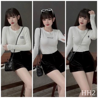 Áo thun gân nữ ôm body thêu MIu MIu, CD tay dài vải mềm mại co giãn dưới 53kg