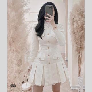 Váy dạ nữ dáng ngắn thiết kế chân váy xếp ly xinh xắn đầm dự tiệc dài tay sang trọng Minaca V242