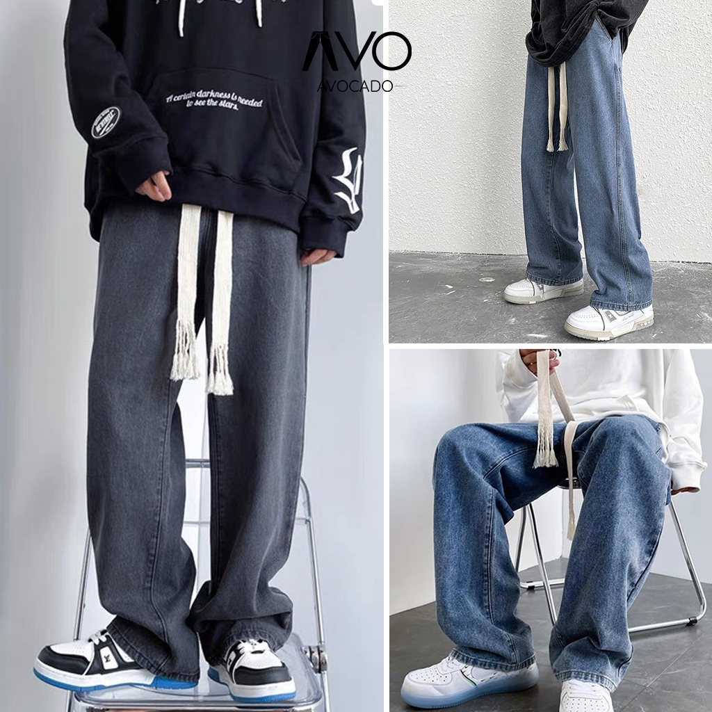 Quần bò jean baggy nam ống rộng cạp chun nam nữ dáng suông chất cotton style hàn Avocado