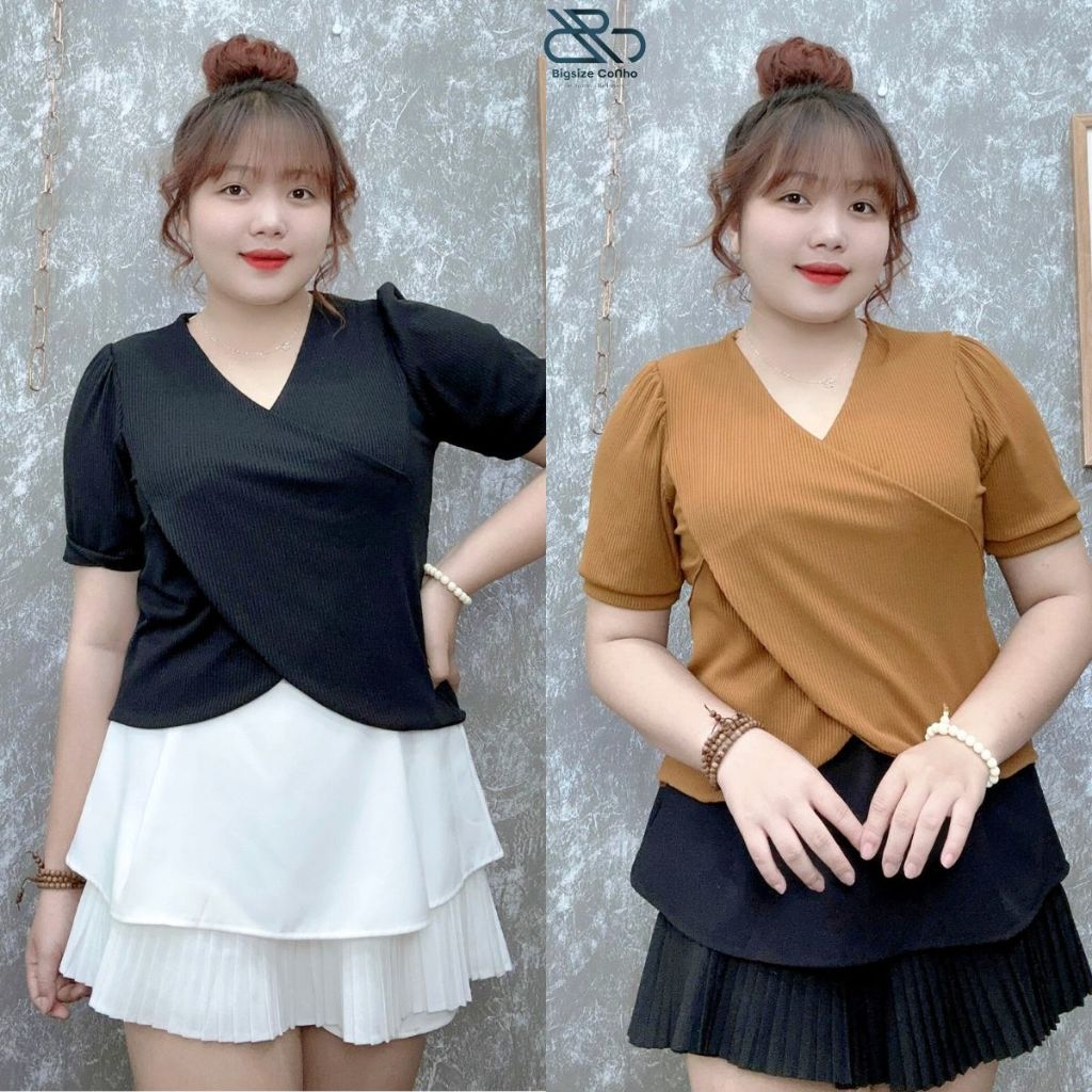 Áo Thun Tay Ngắn Bigsize Cô Nhỏ Thiết Kế Đắp Chéo Phom Rộng Chất Gân Tăm Co Giãn G36