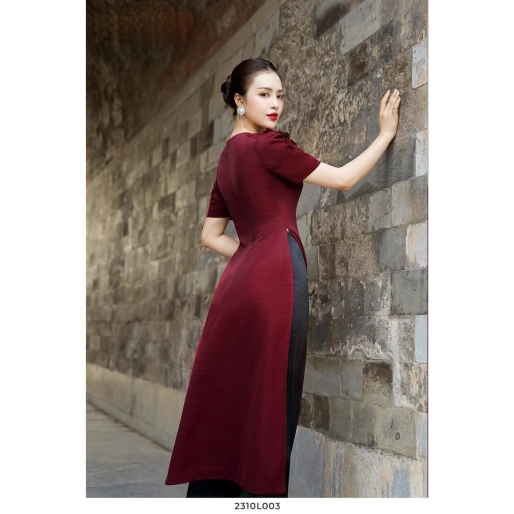 Áo dài vai đính hoa + quần lụa đen-10559