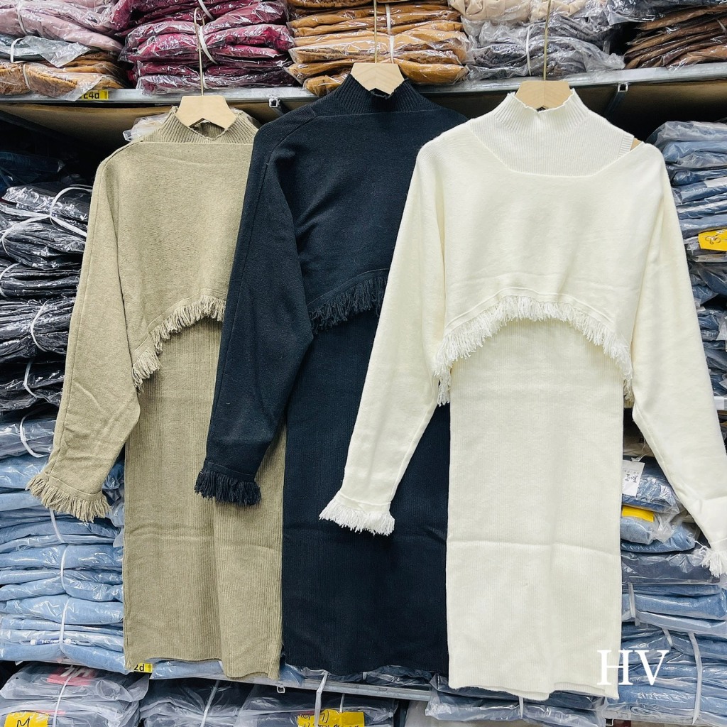Set váy kiểu trễ vai rách tua phối váy lên cổ cao hàng quảng châu cao cấp CTclothes