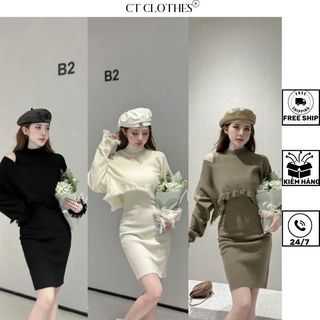 Set váy kiểu trễ vai rách tua phối váy lên cổ cao hàng quảng châu cao cấp CTclothes