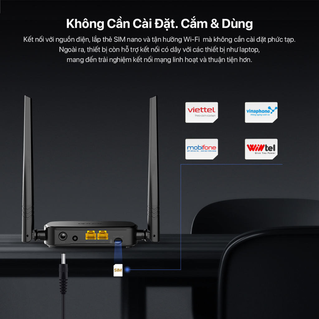 Router Wifi Tenda 4G LTE 4G05/ 4G03- Phát wifi 2.4GHz, Dùng sim 4G, Tốc độ 300Mbps, Kết nối đến 32 thiết bị