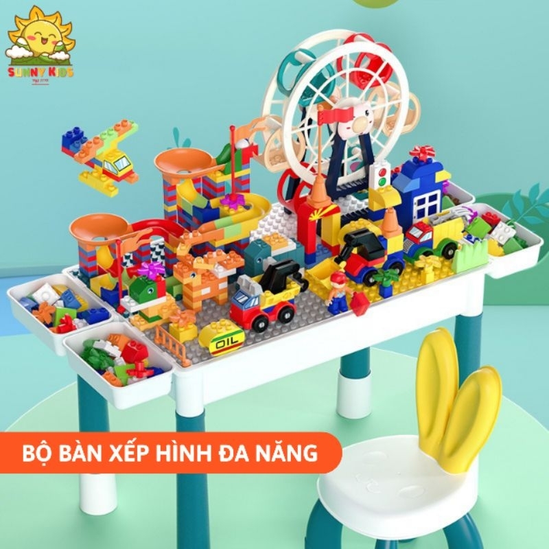 Bộ bàn xếp hình đa năng tặng kèm ghế Tai Thỏ, kích thước lớn, Combo đồ chơi lắp ghép thông minh cho bé - Sunny Kids