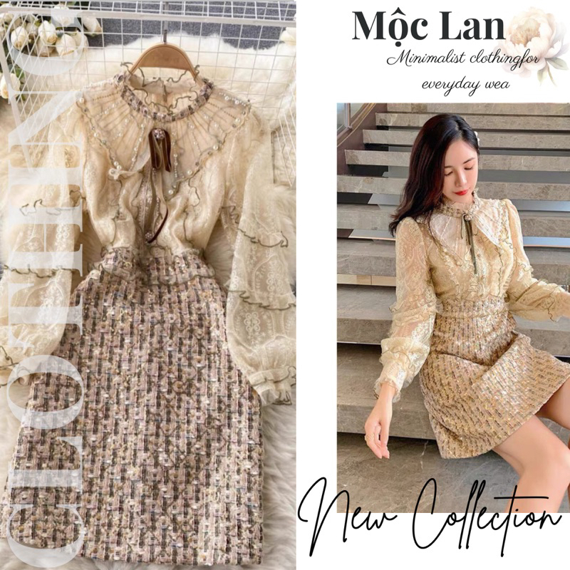 (Moclanclothing) Váy ren voan mix dạ tweed cao cấp phong cách Pháp sang trọng