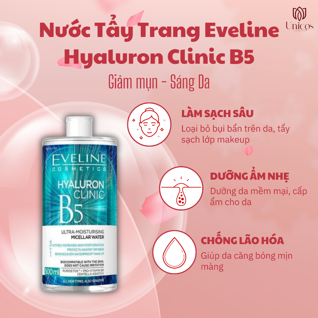 Eveline B5 Hyaluron Clinic B5 Tẩy Trang Dịu Nhẹ - Nước Tẩy Trang Loại Bỏ Bụi Bẩn Bã Nhờn - Tẩy Trang Eveline Lành Tính
