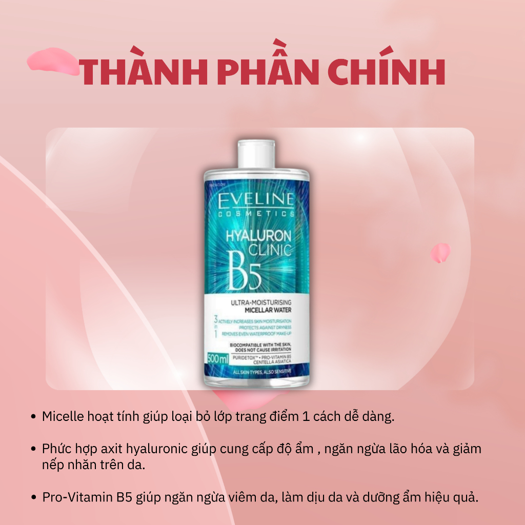 Eveline B5 Hyaluron Clinic B5 Tẩy Trang Dịu Nhẹ - Nước Tẩy Trang Loại Bỏ Bụi Bẩn Bã Nhờn - Tẩy Trang Eveline Lành Tính