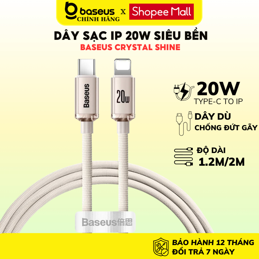 Cáp sạc nhanh 20W Baseus Crystal dây dù cao cấp siêu bền cho iPhone 12 13 14 11 pro max