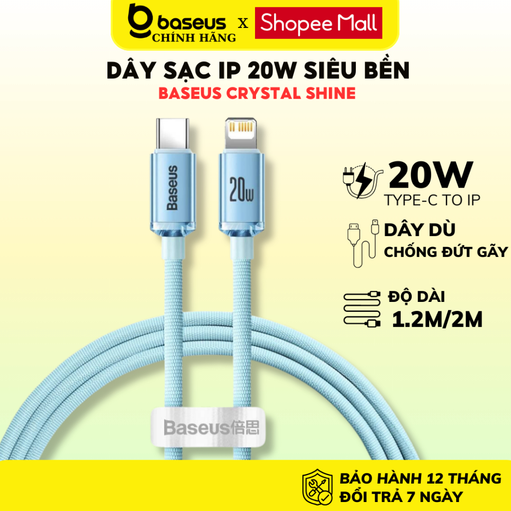 Cáp sạc nhanh 20W Baseus Crystal dây dù cao cấp siêu bền cho iPhone 12 13 14 11 pro max