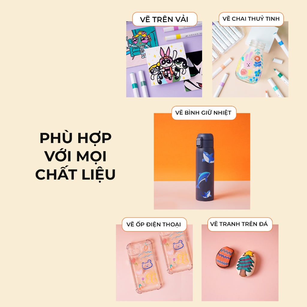 Bút Màu Acrylic Marker 12/24/36/48 Màu Cao Cấp, Bút Sơn Acrylic Chồng Màu, Không Thấm, Tô Vẽ Trên Mọi Chất Liệu NO.602