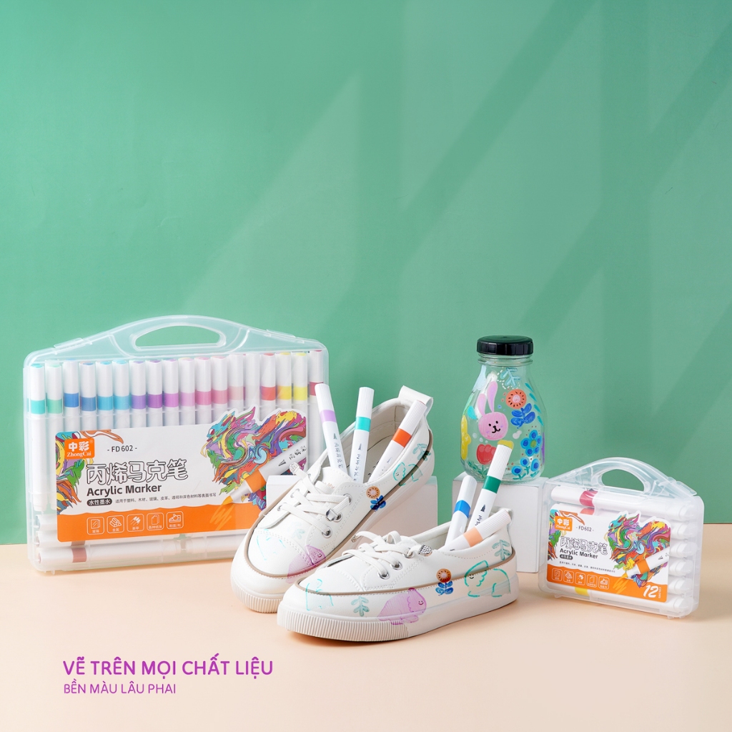Bút Màu Acrylic Marker 12/24/36/48 Màu Cao Cấp, Bút Sơn Acrylic Chồng Màu, Không Thấm, Tô Vẽ Trên Mọi Chất Liệu NO.602