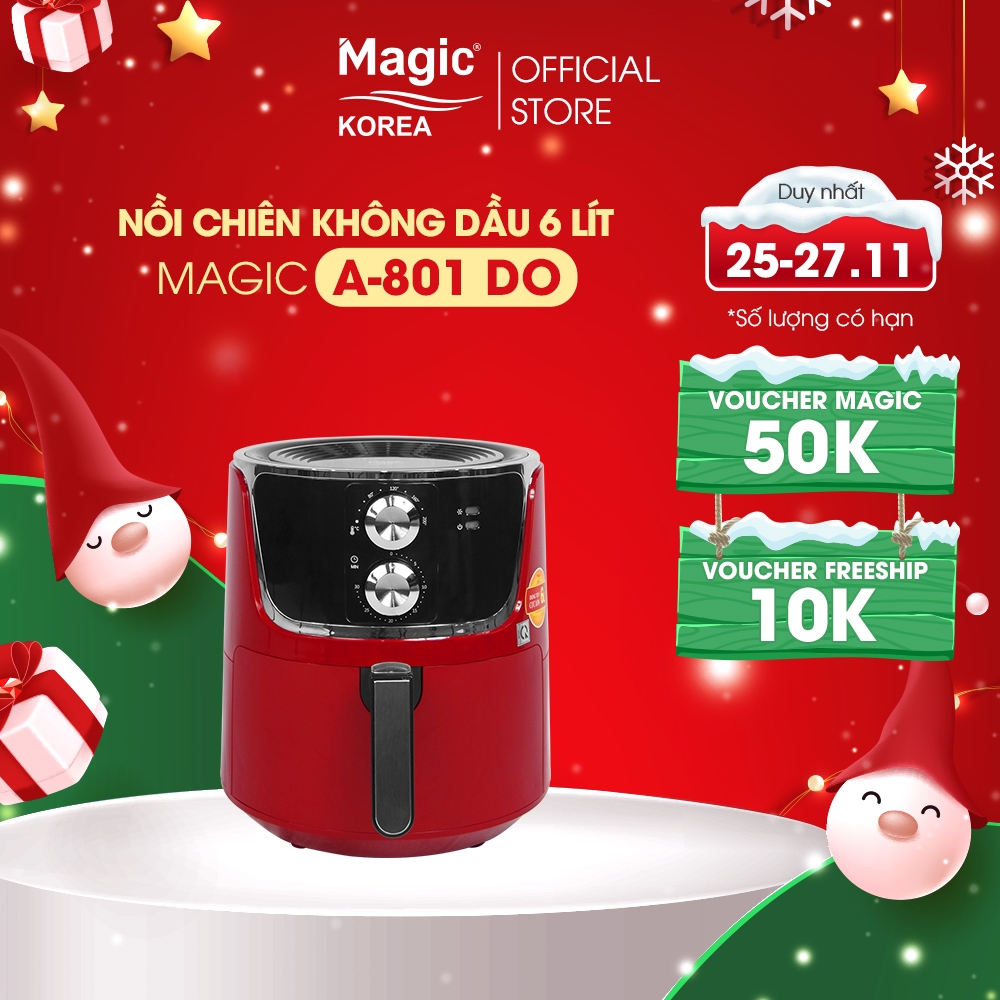 Nồi chiên không dầu Magic Korea A-801 Đỏ 6L cho gia đình 6-8 người, chiên nướng nguyên con gà 1.8kg- Hàng chính hãng