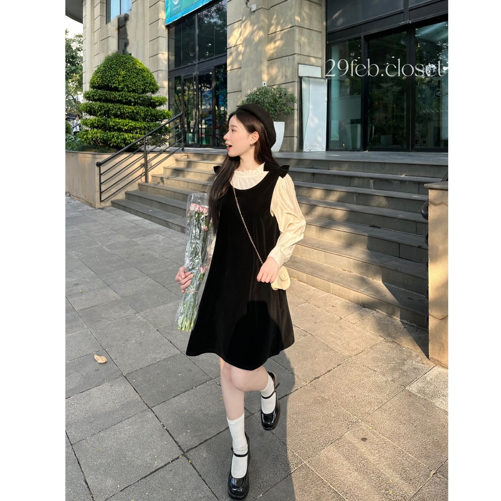 Set Váy Yếm Nhung Nơ Vai Kèm Áo Sơ Mi Tơ Mềm Tiểu Thư Mùa Thu Đông - 29feb.closet - S139