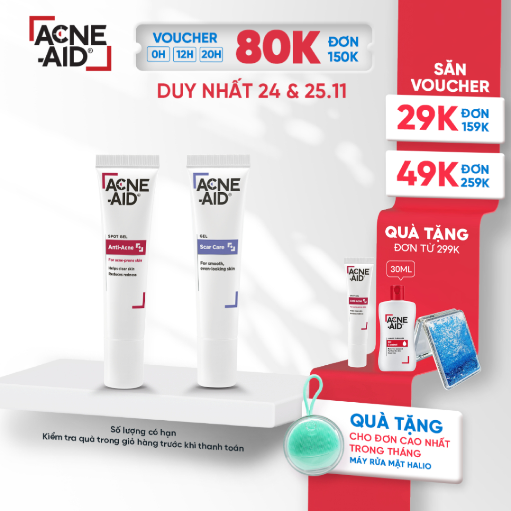 Bộ Gel chấm mụn ACNE-AID SPOT GEL ANTI-ACNE 10g và gel cải thiện sẹo ACNE-AID GEL SCAR CARE 10g