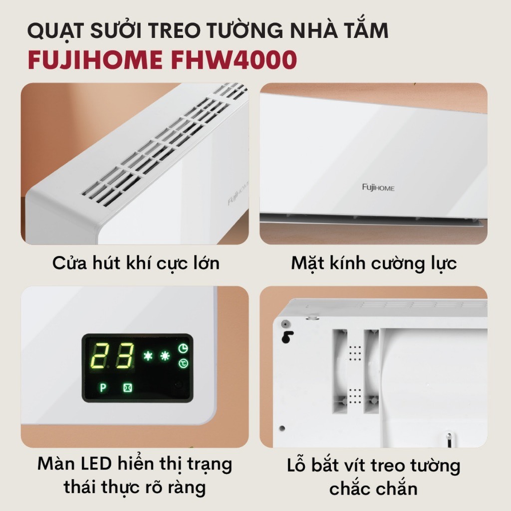 Máy sưởi điều hòa treo tường FUJIHOME FHW4000 quạt sưởi ceramic không khô da, không đốt oxi, tiết kiệm điện