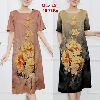SHOPPRO - Đầm Suông Dự Tiệc Trung Niên Nữ U40 U50 Cao Cấp Nhiều Màu Vải Lụa In Hoa Sen Và Hạc BigSize Cho Mẹ 3388