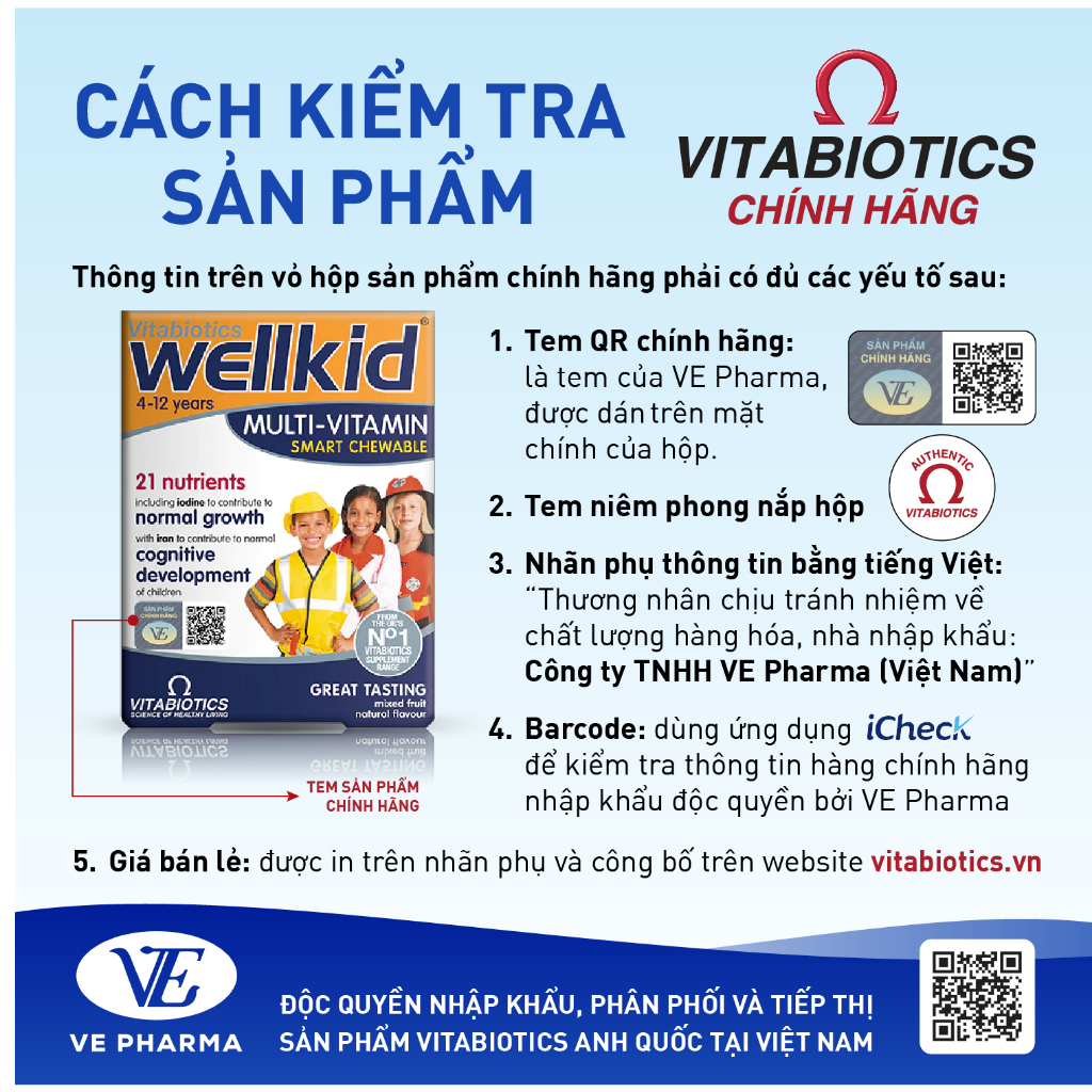 Viên Nén Nhai Vitabiotics WELLKID MULTI-VITAMIN SMART CHEWABLE Hỗ Trợ Nâng Cao Sức Đề Kháng Cho Trẻ Em Hộp 30 Viên