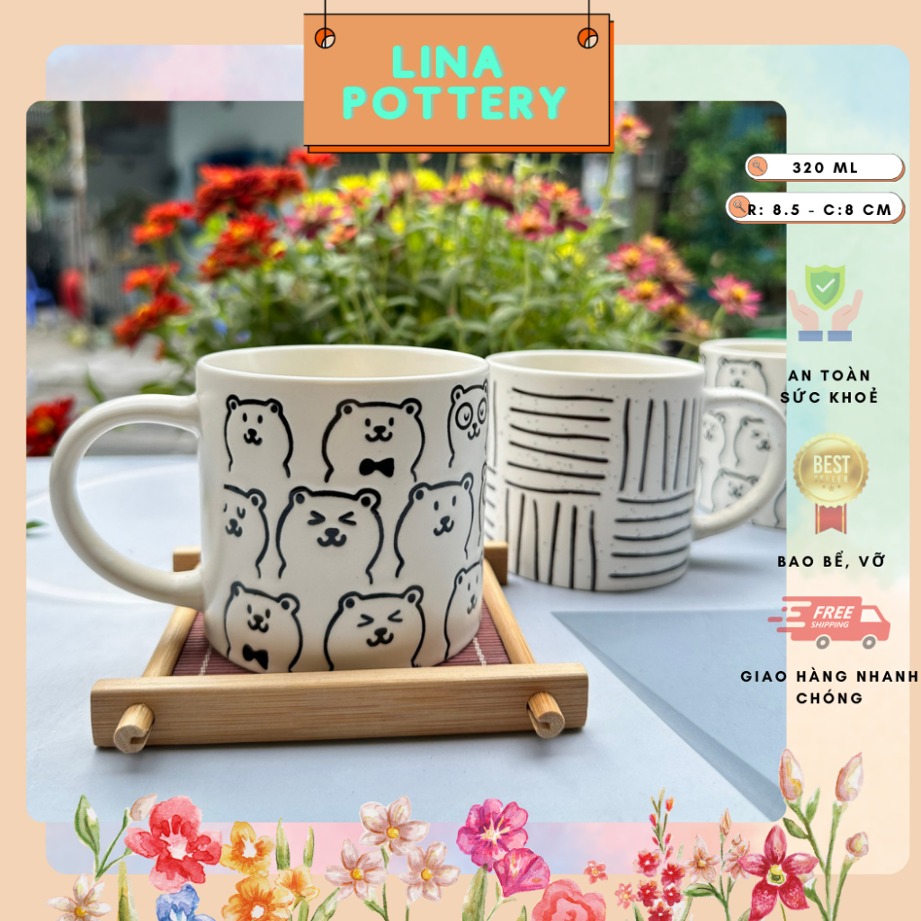 Cốc gốm- Ly sứ sọc ngang, hình gấu dễ thương có quai 330ML uống trà, cà phê, tặng quà cho bạn bè