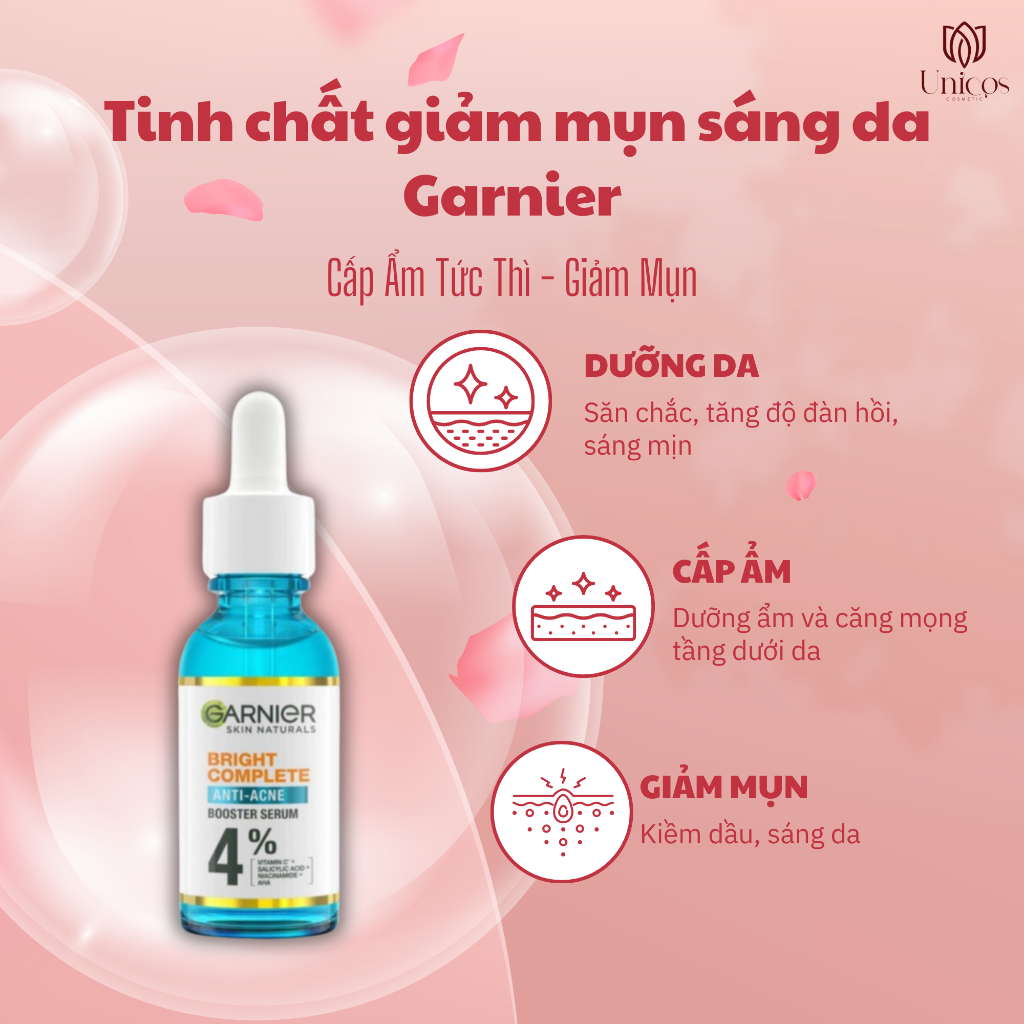 Serum Mờ Thâm Sáng Da Garnier Bright Complete Anti-Acness  4% - Tinh Chất Dưỡng Da Dầu Mụn - Serum Garnier Cấp Ẩm 30ml